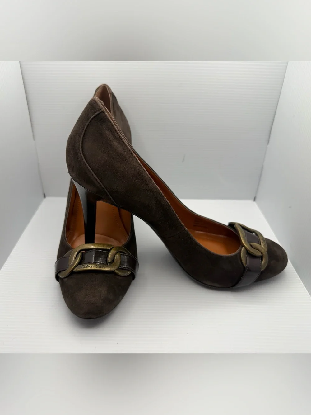 Calvin Klein Dark Brown Suede Pumps with Gold Chain Accent